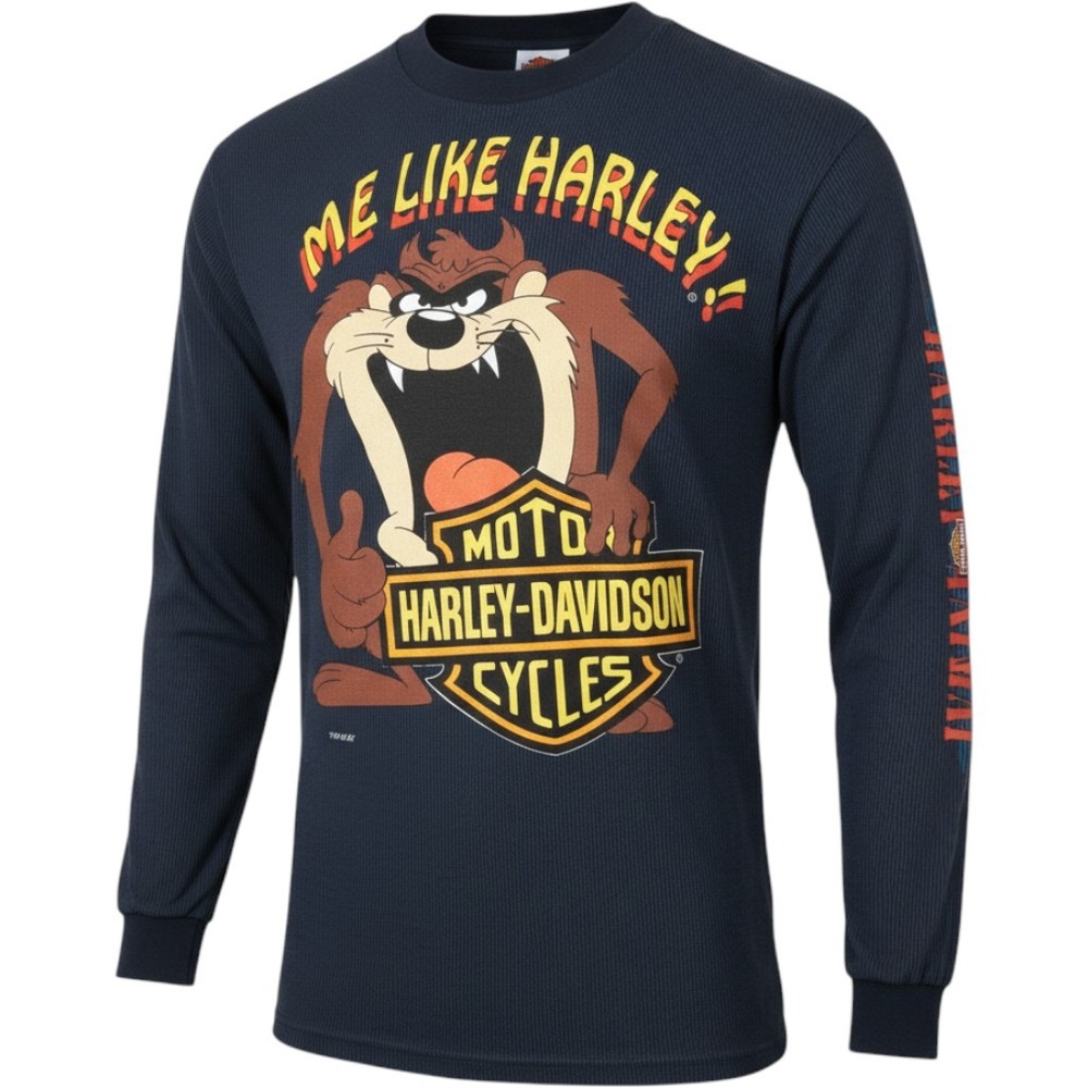 Vintage Harley Davidson Taz Tasmanian Devil Long Sleeve Shirt Navy Stripe Mens L